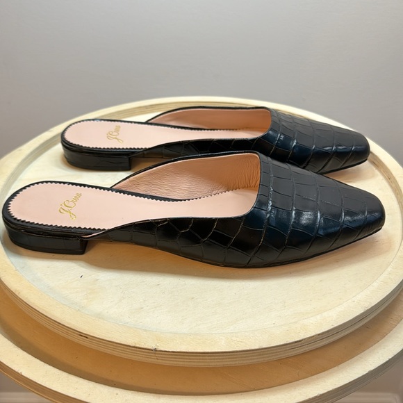 J Crew Carolyn Black Leather Croc Print Flat Mules Size 8 - Picture 4 of 11